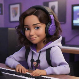 Disney Pixar-style cartoon of a young, tan-skinned girl with dark brown eyes and middle-parted wavy dark hair, wearing a half black, half white hoodie, and black gaming headphones, in a purple gaming room with a keyboard in the background and a black guitar hanging on the wall.