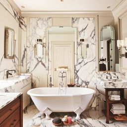 A modern classic bathroom, combining sleek contemporary elements with vintage charm; including a freestanding tub, marble countertops, antique mirrors and modern lighting fixtures.