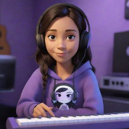 Disney Pixar-style cartoon of a young, tan-skinned girl with dark brown eyes and middle-parted wavy dark hair, wearing a half black, half white hoodie, and black gaming headphones, in a purple gaming room with a keyboard in the background and a black guitar hanging on the wall.