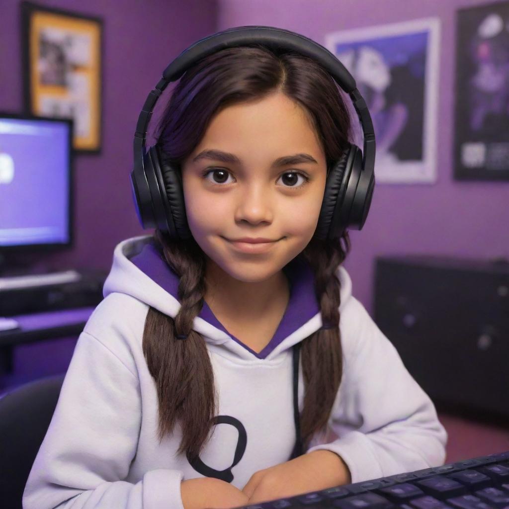 Disney Pixar-style cartoon of a young, tan-skinned girl with dark brown eyes and middle-parted wavy dark hair, wearing a half black, half white hoodie, and black gaming headphones, in a purple gaming room with a keyboard in the background and a black guitar hanging on the wall.