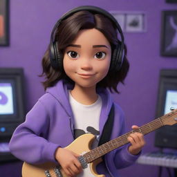 Disney Pixar-style cartoon of a young, tan-skinned girl with dark brown eyes and middle-parted wavy dark hair, wearing a half black, half white hoodie, and black gaming headphones, in a purple gaming room with a keyboard in the background and a black guitar hanging on the wall.