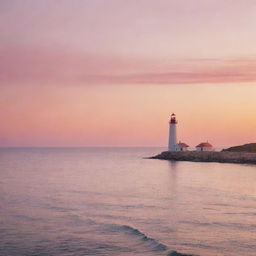 Generate an image of a serene ocean view at sunset with a lighthouse in the far distance, the sky painted with shades of orange and pink.