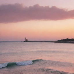 Generate an image of a serene ocean view at sunset with a lighthouse in the far distance, the sky painted with shades of orange and pink.