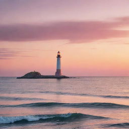 Generate an image of a serene ocean view at sunset with a lighthouse in the far distance, the sky painted with shades of orange and pink.