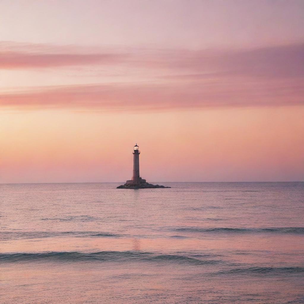 Generate an image of a serene ocean view at sunset with a lighthouse in the far distance, the sky painted with shades of orange and pink.