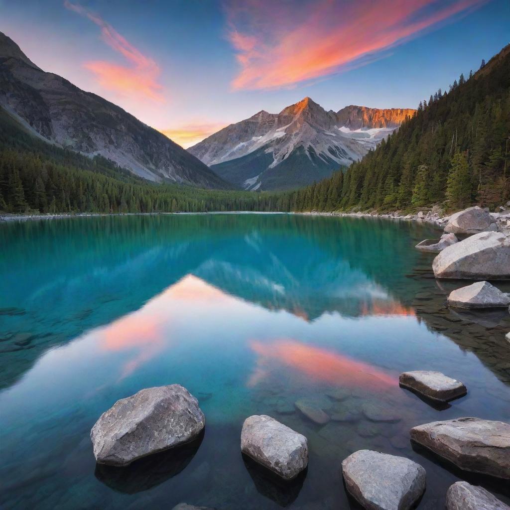 A serene mountain landscape accented by a vibrant sunset in the background, with a calm crystal blue river in the foreground.