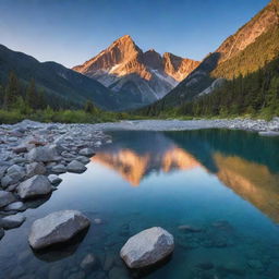 A serene mountain landscape accented by a vibrant sunset in the background, with a calm crystal blue river in the foreground.