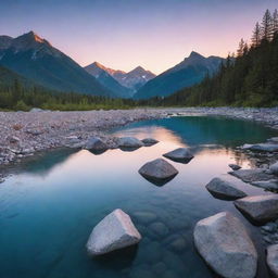 A serene mountain landscape accented by a vibrant sunset in the background, with a calm crystal blue river in the foreground.