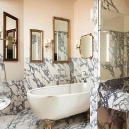 A modern classic bathroom, combining sleek contemporary elements with vintage charm; including a freestanding tub, marble countertops, antique mirrors and modern lighting fixtures.