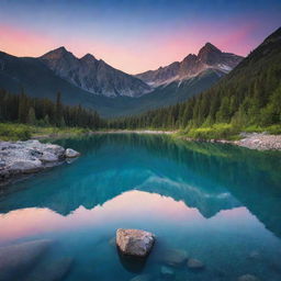 A serene mountain landscape accented by a vibrant sunset in the background, with a calm crystal blue river in the foreground.