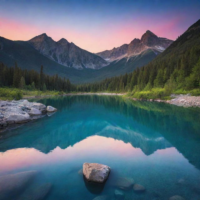 A serene mountain landscape accented by a vibrant sunset in the background, with a calm crystal blue river in the foreground.