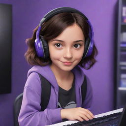 Disney Pixar cartoon-style drawing of a young brunette girl with dark brown eyes and wavy mid-parted hair. She's wearing a half black, half white hoodie and black gaming headphones, in a purple gamer room with a keyboard in the background and a black guitar hanging on the wall.