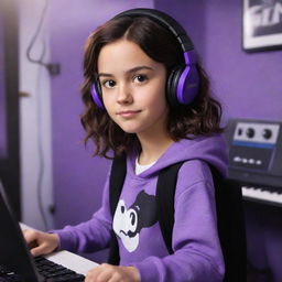 Disney Pixar cartoon-style drawing of a young brunette girl with dark brown eyes and wavy mid-parted hair. She's wearing a half black, half white hoodie and black gaming headphones, in a purple gamer room with a keyboard in the background and a black guitar hanging on the wall.