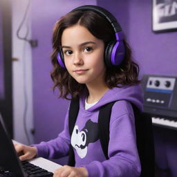 Disney Pixar cartoon-style drawing of a young brunette girl with dark brown eyes and wavy mid-parted hair. She's wearing a half black, half white hoodie and black gaming headphones, in a purple gamer room with a keyboard in the background and a black guitar hanging on the wall.