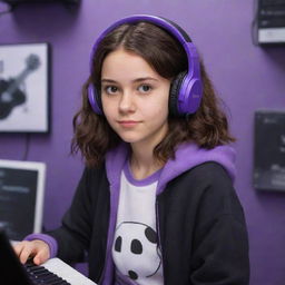 Disney Pixar cartoon-style drawing of a young brunette girl with dark brown eyes and wavy mid-parted hair. She's wearing a half black, half white hoodie and black gaming headphones, in a purple gamer room with a keyboard in the background and a black guitar hanging on the wall.