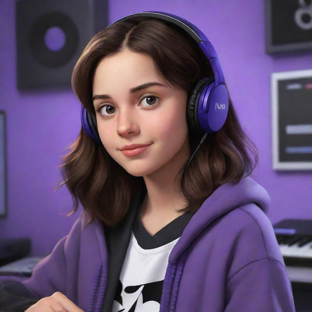 Disney Pixar cartoon-style drawing of a young brunette girl with dark brown eyes and wavy mid-parted hair. She's wearing a half black, half white hoodie and black gaming headphones, in a purple gamer room with a keyboard in the background and a black guitar hanging on the wall.