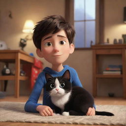 A Pixar-inspired scene featuring a brunette boy and his black and white cat in a warm, cozy setting.