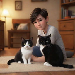 A Pixar-inspired scene featuring a brunette boy and his black and white cat in a warm, cozy setting.