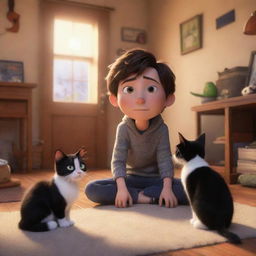 A Pixar-inspired scene featuring a brunette boy and his black and white cat in a warm, cozy setting.