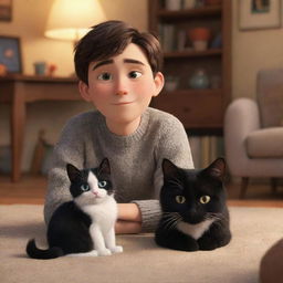 A Pixar-inspired scene featuring a brunette boy and his black and white cat in a warm, cozy setting.