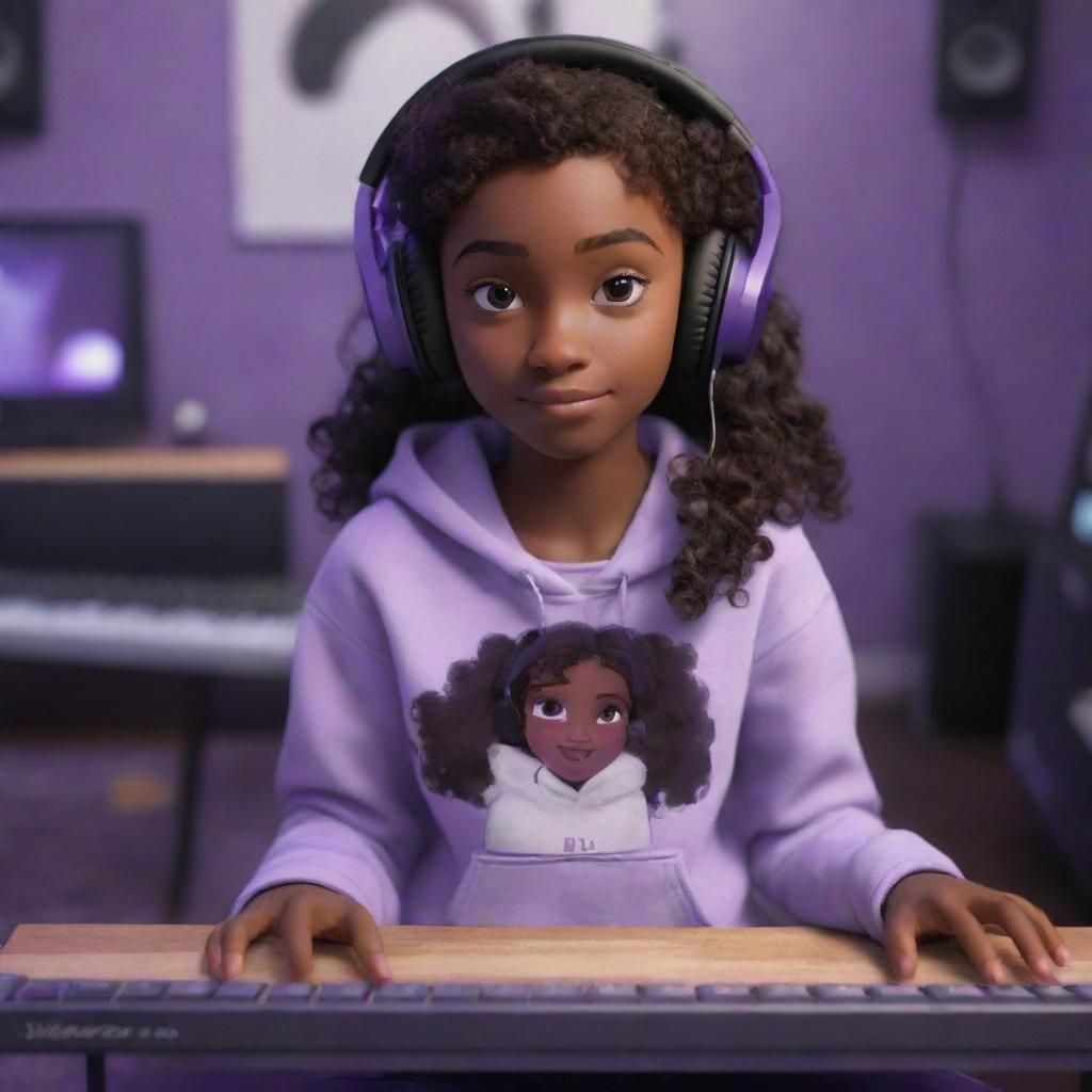 A Disney Pixar-style cartoon of a dark-skinned young girl with dark brown eyes and wavy hair parted in the middle, wearing a half black, half white hoodie and black gaming headphones, sitting in a purple gamer room with a keyboard in the background and a black guitar hanging on the wall