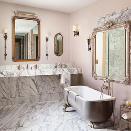 A modern classic bathroom, combining sleek contemporary elements with vintage charm; including a freestanding tub, marble countertops, antique mirrors and modern lighting fixtures.