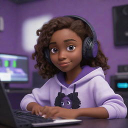 A Disney Pixar-style cartoon of a dark-skinned young girl with dark brown eyes and wavy hair parted in the middle, wearing a half black, half white hoodie and black gaming headphones, sitting in a purple gamer room with a keyboard in the background and a black guitar hanging on the wall