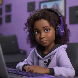 A Disney Pixar-style cartoon of a dark-skinned young girl with dark brown eyes and wavy hair parted in the middle, wearing a half black, half white hoodie and black gaming headphones, sitting in a purple gamer room with a keyboard in the background and a black guitar hanging on the wall