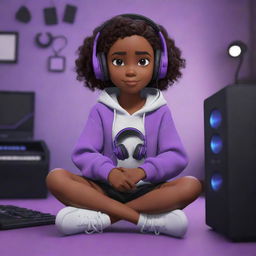 A Disney Pixar-style cartoon of a dark-skinned young girl with dark brown eyes and wavy hair parted in the middle, wearing a half black, half white hoodie and black gaming headphones, sitting in a purple gamer room with a keyboard in the background and a black guitar hanging on the wall