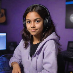 Disney Pixar style cartoon of a young girl with tanned skin, dark brown eyes, middle-parted wavy dark hair, wearing a half black, half white hoodie and black gaming headphones, in a purple gamer room with a keyboard in the background and a black guitar hanging on the wall.