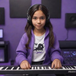 Disney Pixar style cartoon of a young girl with tanned skin, dark brown eyes, middle-parted wavy dark hair, wearing a half black, half white hoodie and black gaming headphones, in a purple gamer room with a keyboard in the background and a black guitar hanging on the wall.