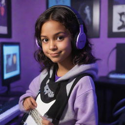 Disney Pixar style cartoon of a young girl with tanned skin, dark brown eyes, middle-parted wavy dark hair, wearing a half black, half white hoodie and black gaming headphones, in a purple gamer room with a keyboard in the background and a black guitar hanging on the wall.