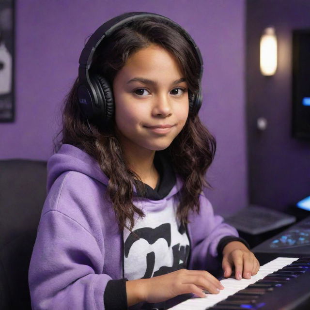 Disney Pixar style cartoon of a young girl with tanned skin, dark brown eyes, middle-parted wavy dark hair, wearing a half black, half white hoodie and black gaming headphones, in a purple gamer room with a keyboard in the background and a black guitar hanging on the wall.