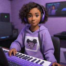 Disney Pixar style cartoon of a young brown-skinned girl with dark brown eyes and dark wavy hair parted in the middle, wearing a half-black, half-white sweatshirt, with black gaming headphones, in a purple gaming room, with a keyboard in the background and a black guitar hanging on the wall.