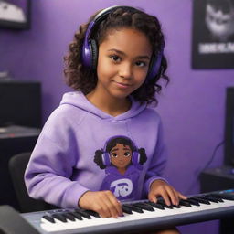 Disney Pixar style cartoon of a young brown-skinned girl with dark brown eyes and dark wavy hair parted in the middle, wearing a half-black, half-white sweatshirt, with black gaming headphones, in a purple gaming room, with a keyboard in the background and a black guitar hanging on the wall.