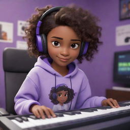 Disney Pixar style cartoon of a young brown-skinned girl with dark brown eyes and dark wavy hair parted in the middle, wearing a half-black, half-white sweatshirt, with black gaming headphones, in a purple gaming room, with a keyboard in the background and a black guitar hanging on the wall.