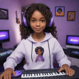 Disney Pixar style cartoon of a young brown-skinned girl with dark brown eyes and dark wavy hair parted in the middle, wearing a half-black, half-white sweatshirt, with black gaming headphones, in a purple gaming room, with a keyboard in the background and a black guitar hanging on the wall.