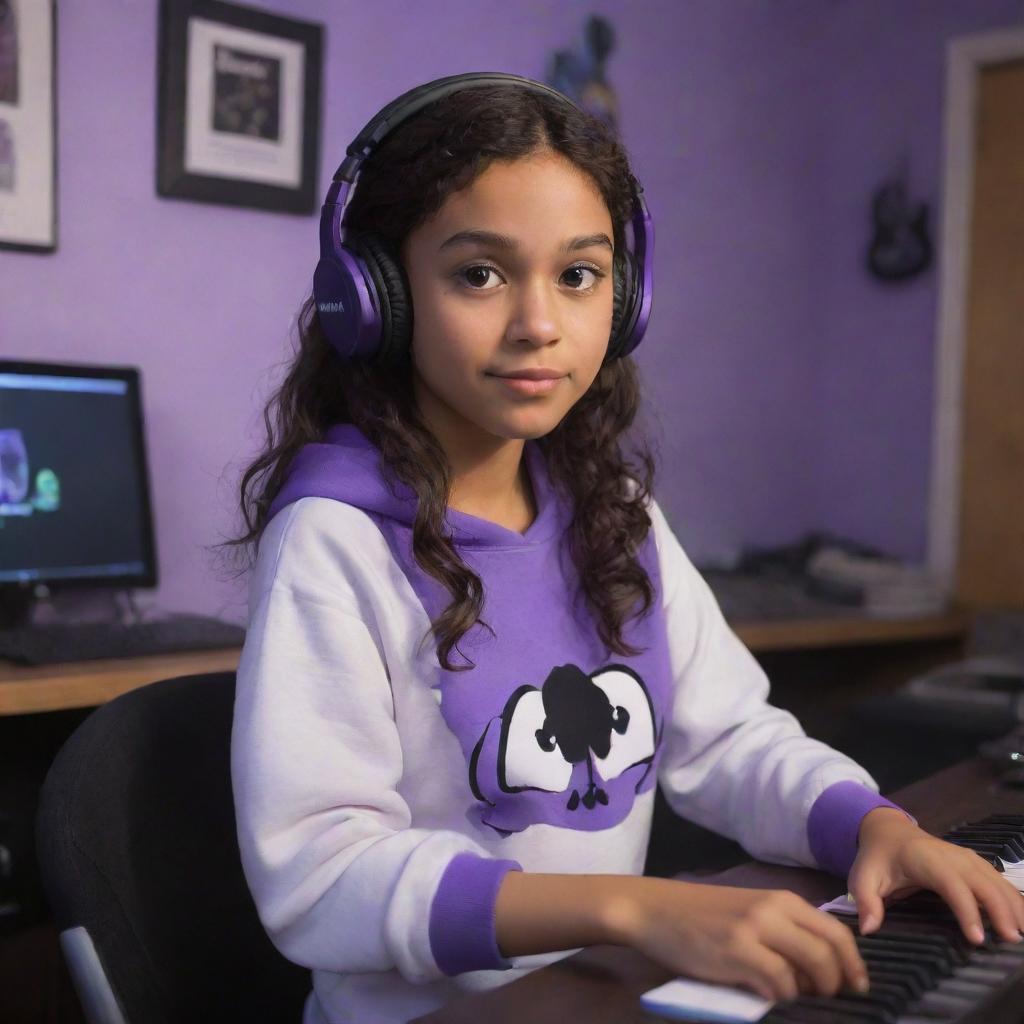 Disney Pixar-style cartoon of a young, medium-skinned girl with dark brown eyes and wavy, dark hair split down the middle; she's wearing a half-black, half-white sweatshirt and black gaming headphones in her purple gamer's room, with a keyboard in the background and a black guitar hanging on the wall.