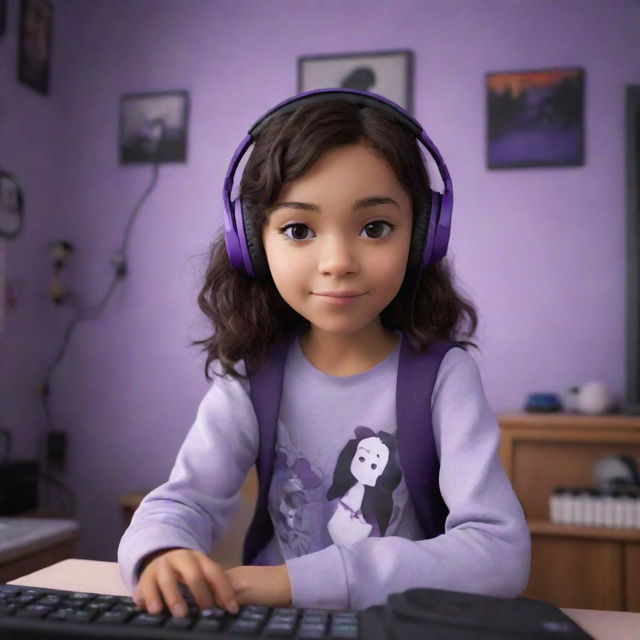 Disney Pixar-style cartoon of a young, medium-skinned girl with dark brown eyes and wavy, dark hair split down the middle; she's wearing a half-black, half-white sweatshirt and black gaming headphones in her purple gamer's room, with a keyboard in the background and a black guitar hanging on the wall.