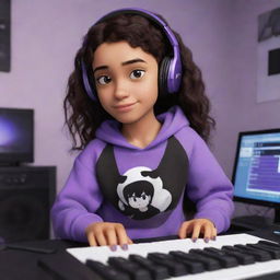 Disney Pixar-style cartoon of a young, medium-skinned girl with dark brown eyes and wavy, dark hair split down the middle; she's wearing a half-black, half-white sweatshirt and black gaming headphones in her purple gamer's room, with a keyboard in the background and a black guitar hanging on the wall.