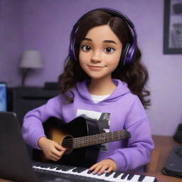 Disney Pixar-style cartoon of a young, medium-skinned girl with dark brown eyes and wavy, dark hair split down the middle; she's wearing a half-black, half-white sweatshirt and black gaming headphones in her purple gamer's room, with a keyboard in the background and a black guitar hanging on the wall.