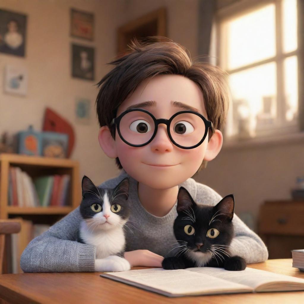 A Pixar-inspired scene featuring a brunette boy with glasses and his black and white cat in a warm, cozy environment.