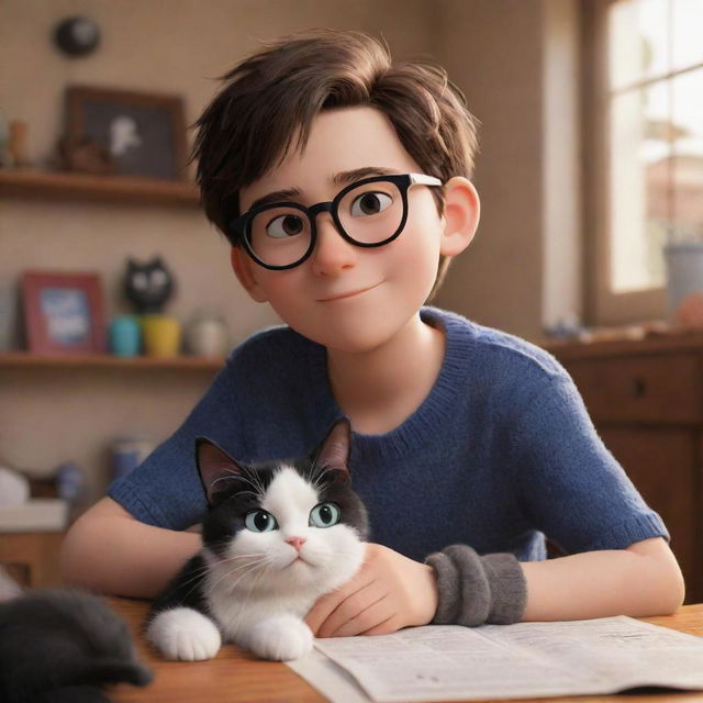 A Pixar-inspired scene featuring a brunette boy with glasses and his black and white cat in a warm, cozy environment.