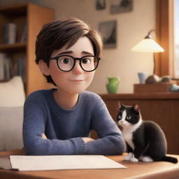 A Pixar-inspired scene featuring a brunette boy with glasses and his black and white cat in a warm, cozy environment.