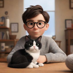 A Pixar-inspired scene featuring a brunette boy with glasses and his black and white cat in a warm, cozy environment.