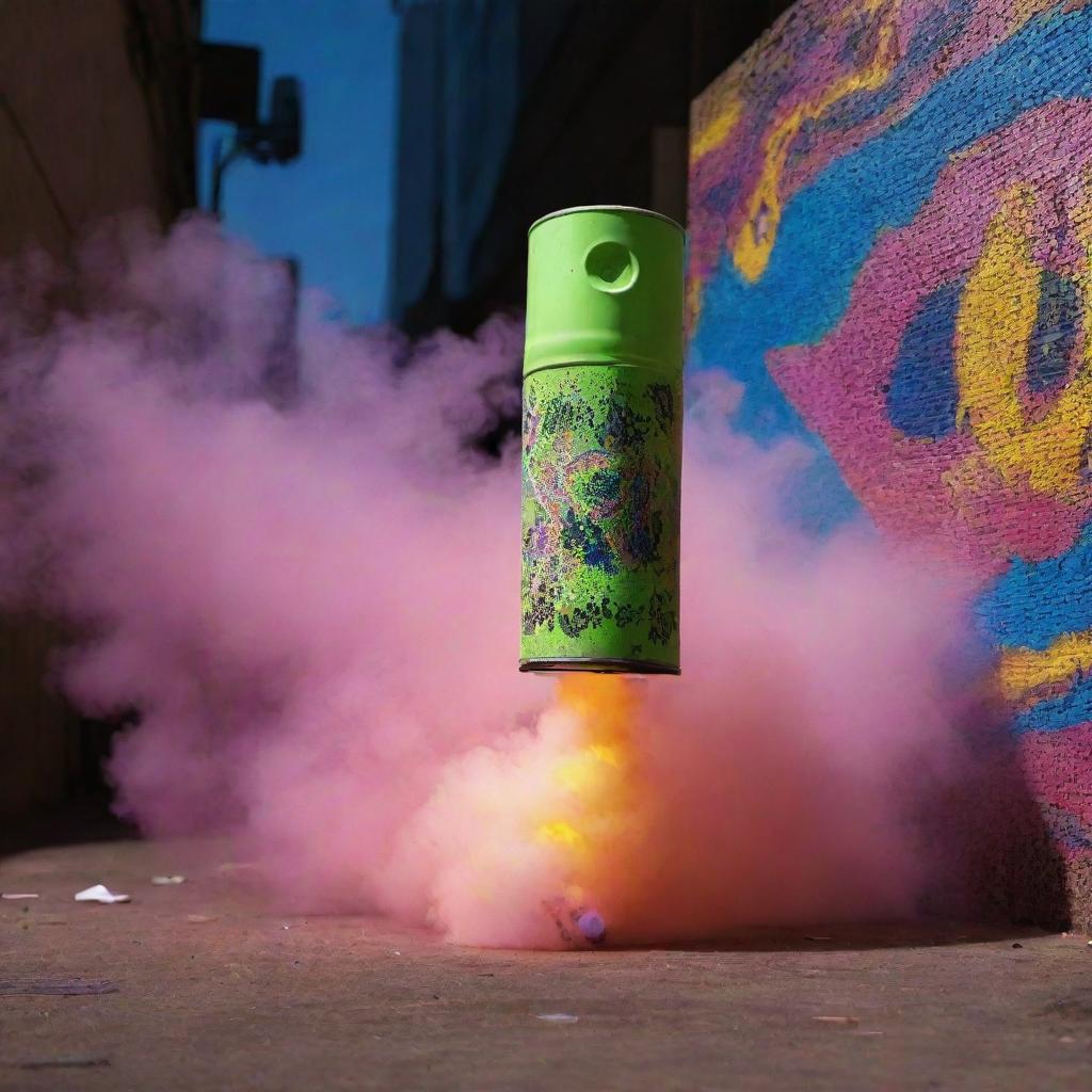 A tear gas canister mid-air, surrounded by a backdrop filled with vivid, mosaic-like fluorescent patterns