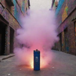 A tear gas canister mid-air, surrounded by a backdrop filled with vivid, mosaic-like fluorescent patterns