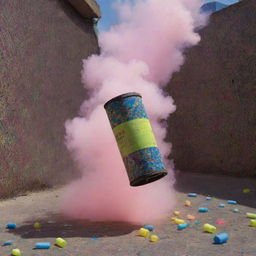 A tear gas canister mid-air, surrounded by a backdrop filled with vivid, mosaic-like fluorescent patterns