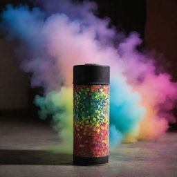 A tear gas canister mid-air, surrounded by a backdrop filled with vivid, mosaic-like fluorescent patterns