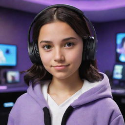 Disney Pixar cartoon-style image of a young, medium-skinned girl with dark brown eyes and straight-wavy dark hair parted in the middle, wearing a half-black half-white hoodie and black gaming headphones in a purple gaming room.